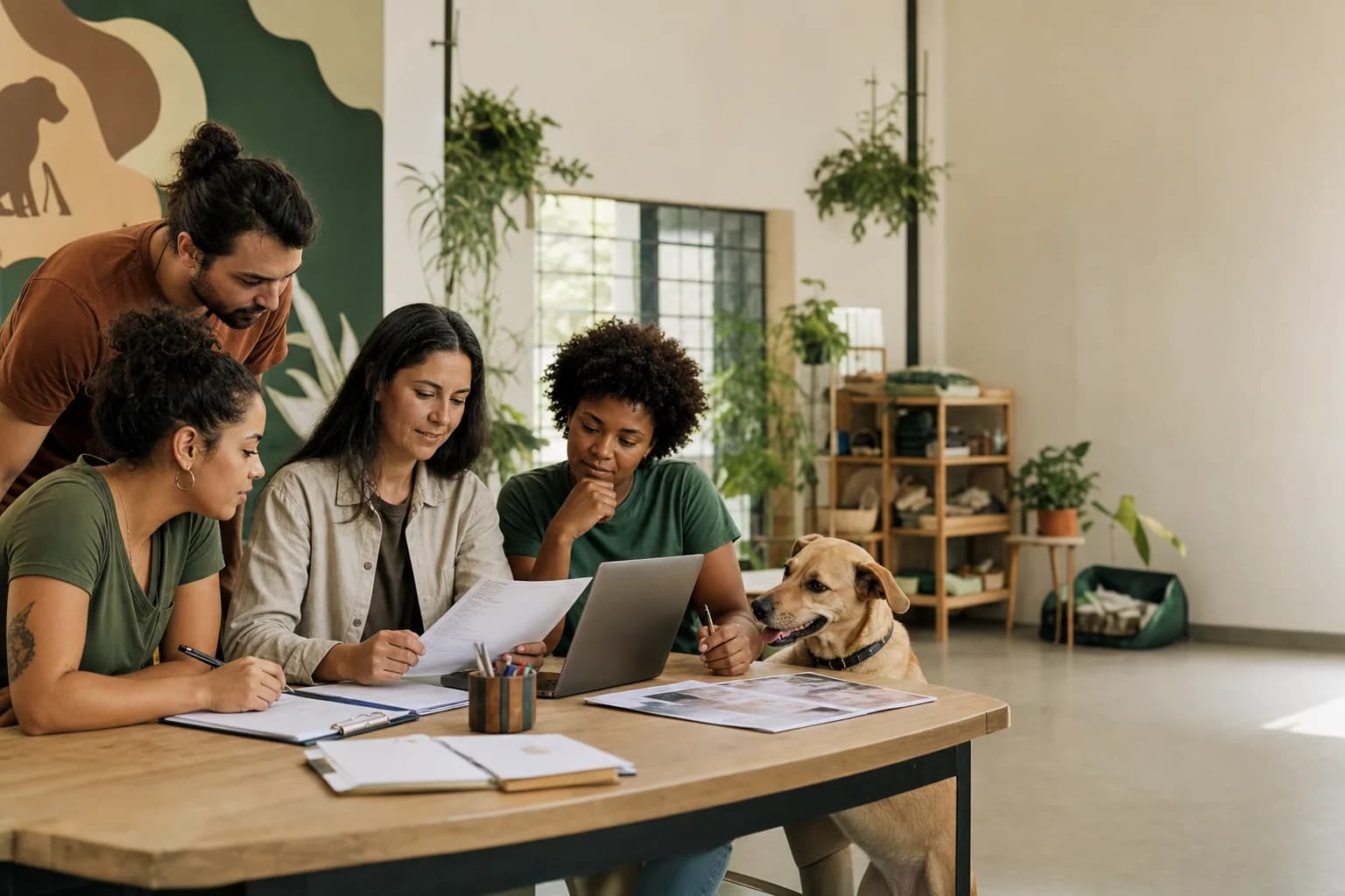 Equipe de proteção animal organizando informações de adoção com um cão ao lado