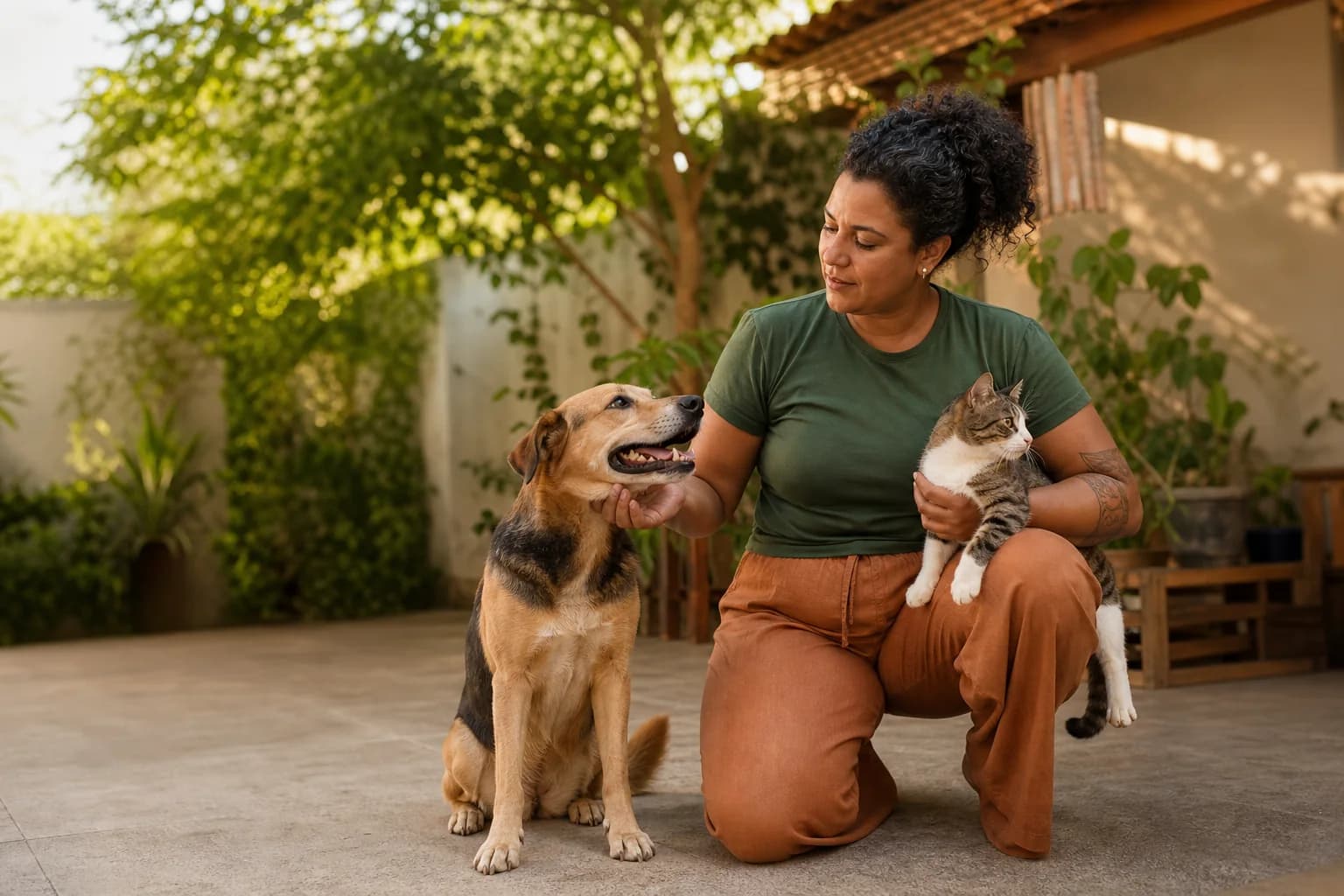 Protetora acolhendo um cão e um gato em um espaço de cuidado