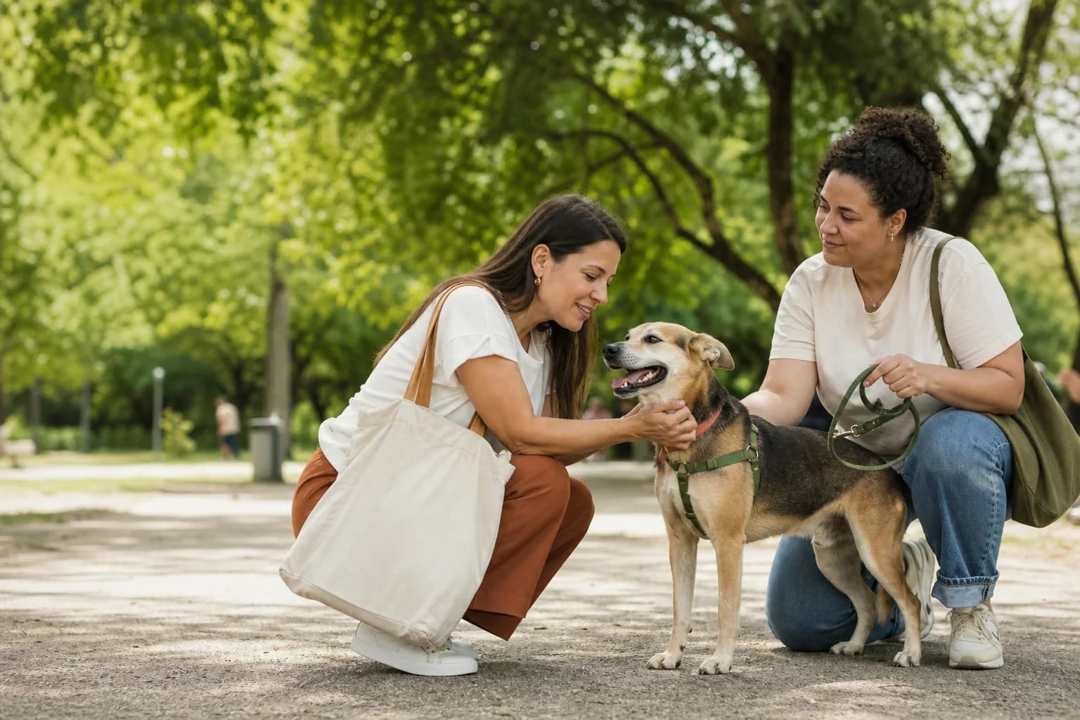 Adotante conhecendo um cão com acompanhamento da pessoa responsável em local público